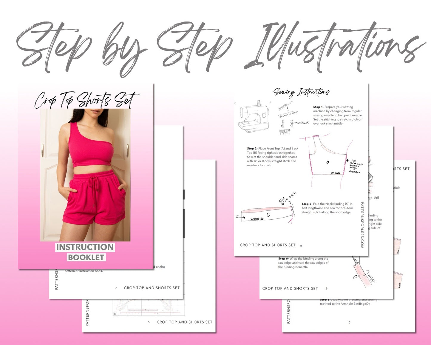One Shoulder Crop Tank Top And Gym Shorts sewing pattern step by step illustrations.