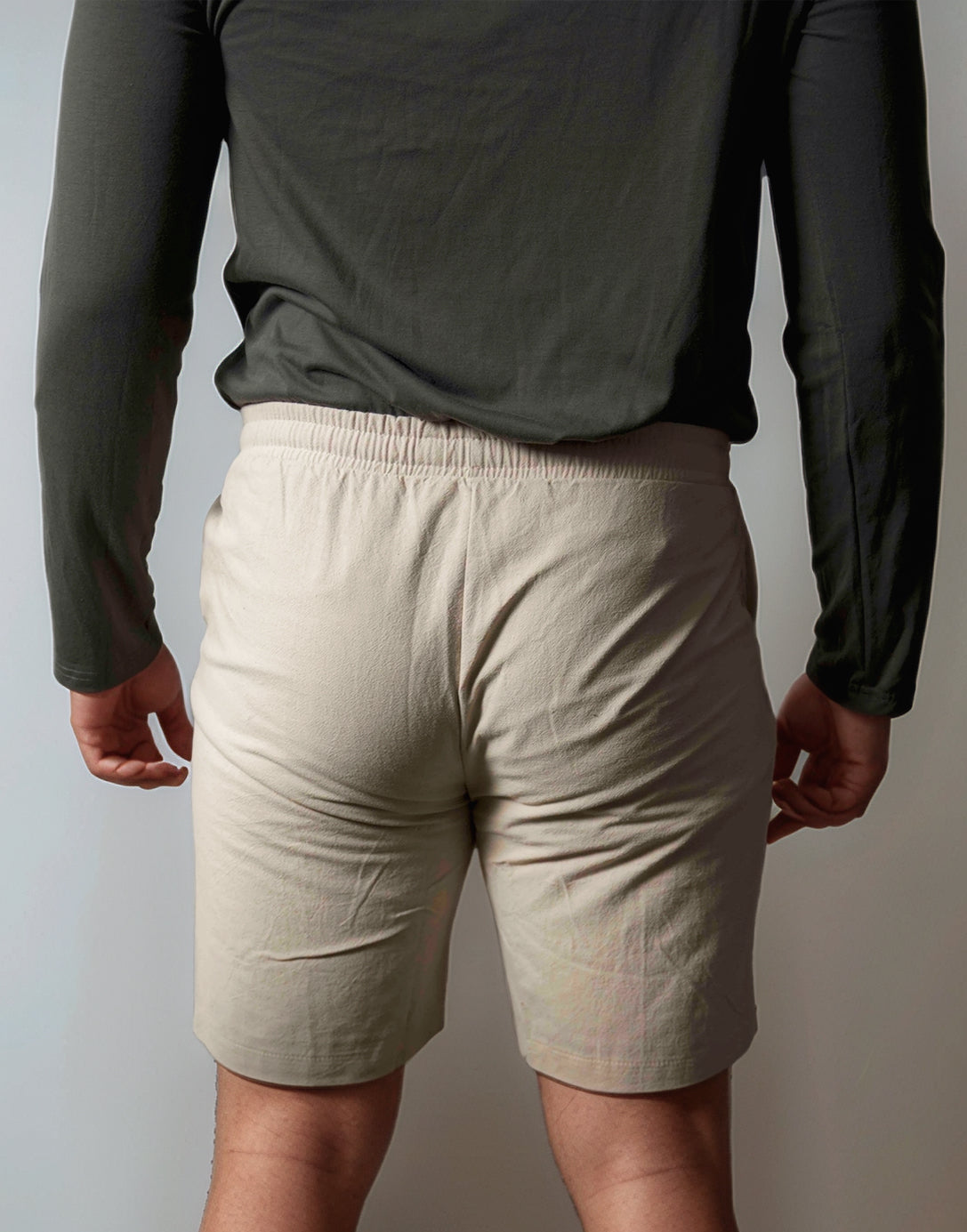 Back view of Drawstring Button Front Shorts.