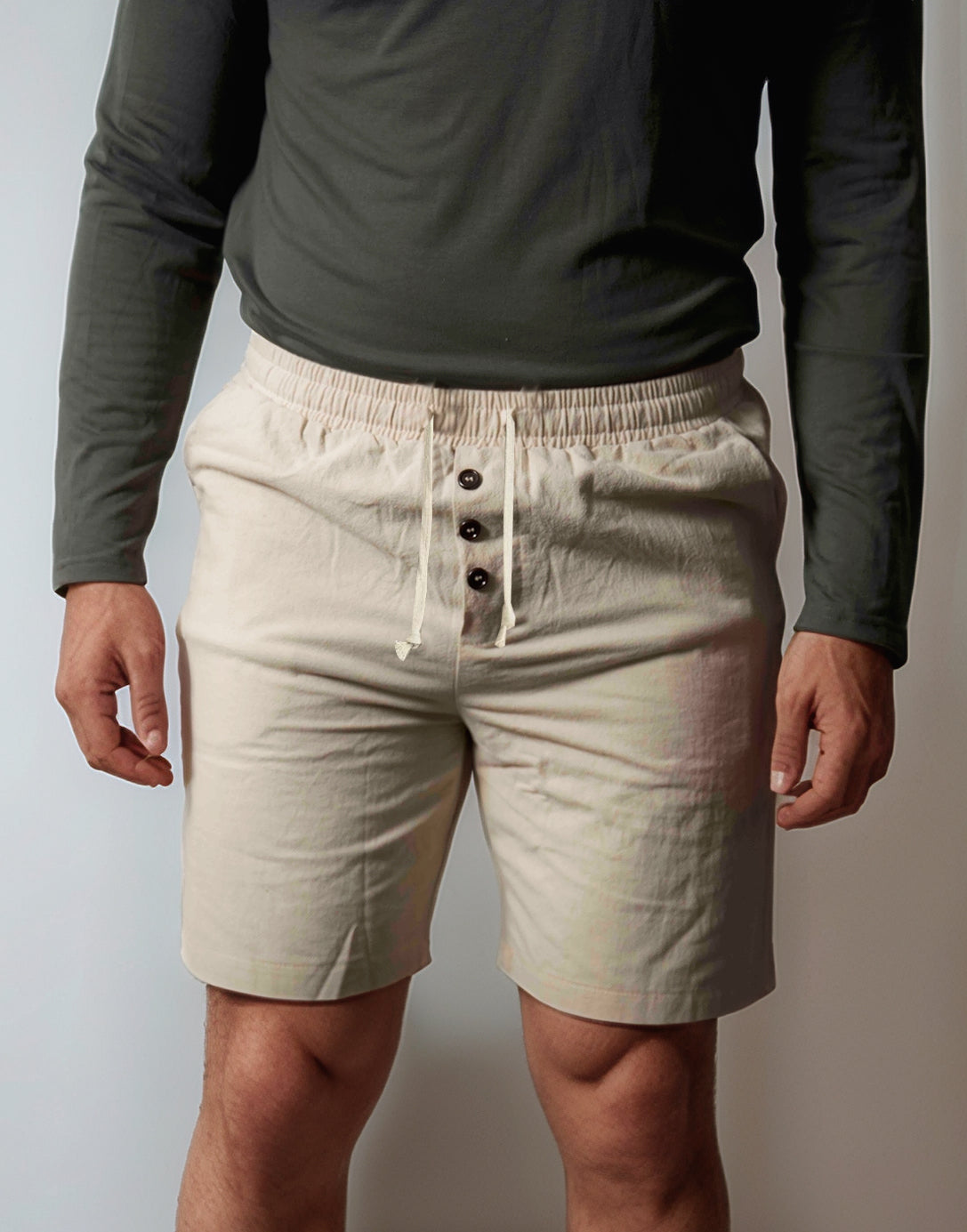Front view of Drawstring Button Front Shorts.