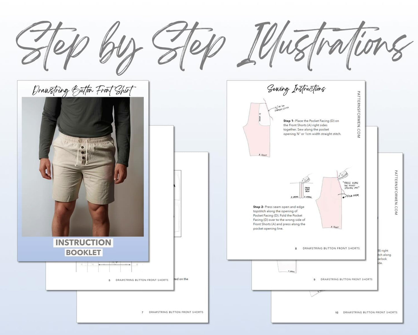 Drawstring Button Front Shorts sewing pattern step by step illustrations.