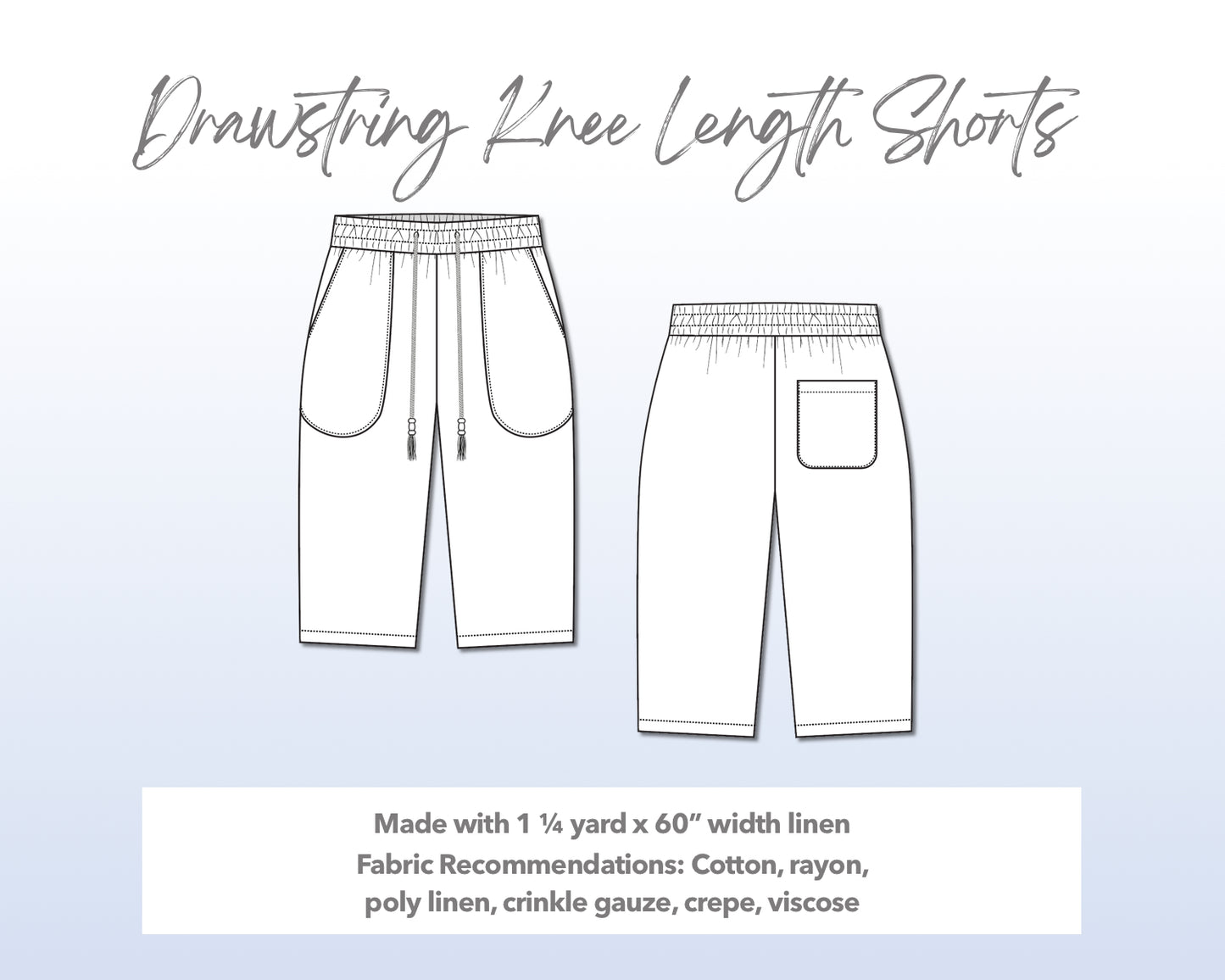 Illustration and detailed description for Drawstring Knee Length Shorts sewing pattern.