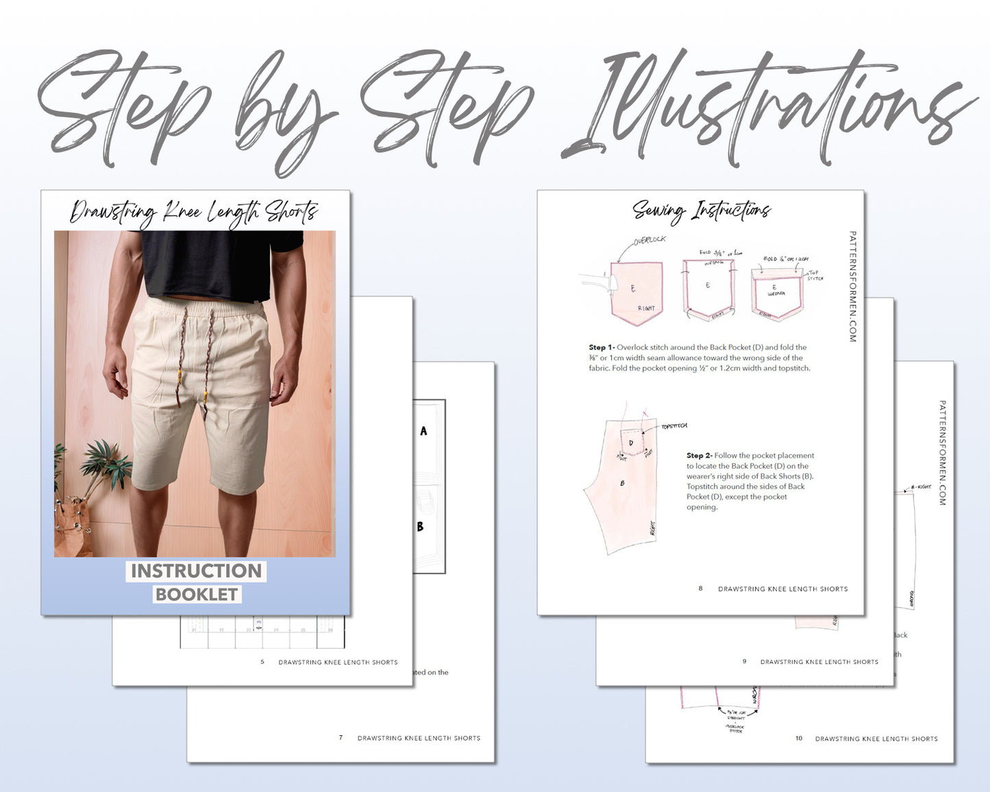 Drawstring Knee Length Shorts sewing pattern step by step illustrations.