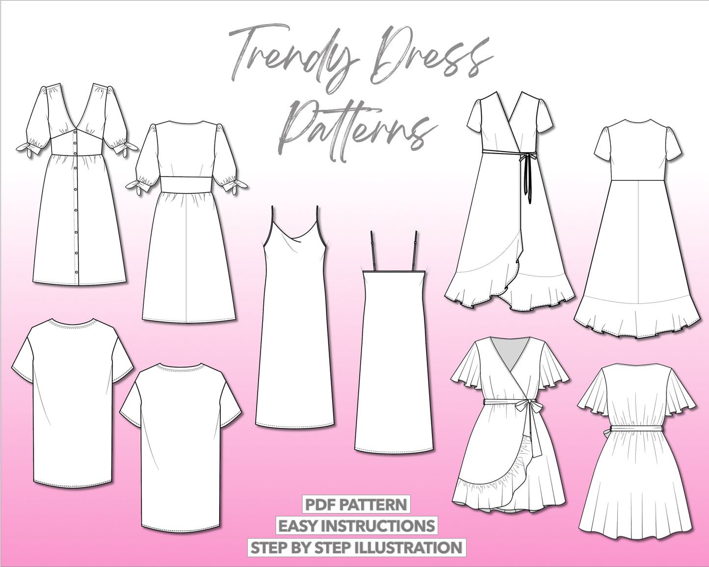 Illustration and detailed description for Dress Sewing Patterns sewing pattern.
