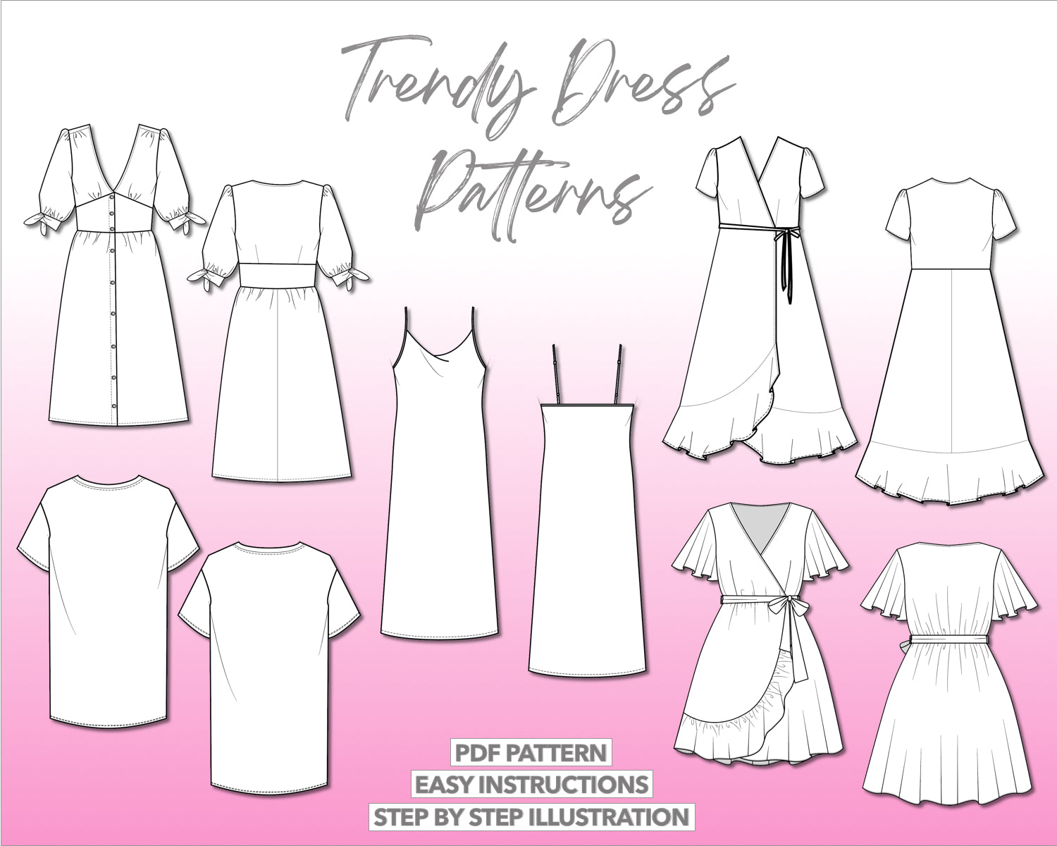 Illustration and detailed description for Dress Sewing Patterns sewing pattern.