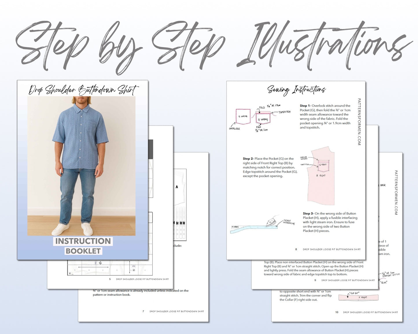 Drop Shoulder Loose Fit Button Down Shirt sewing pattern instruction booklet showing step by step illustrations to make the garment.