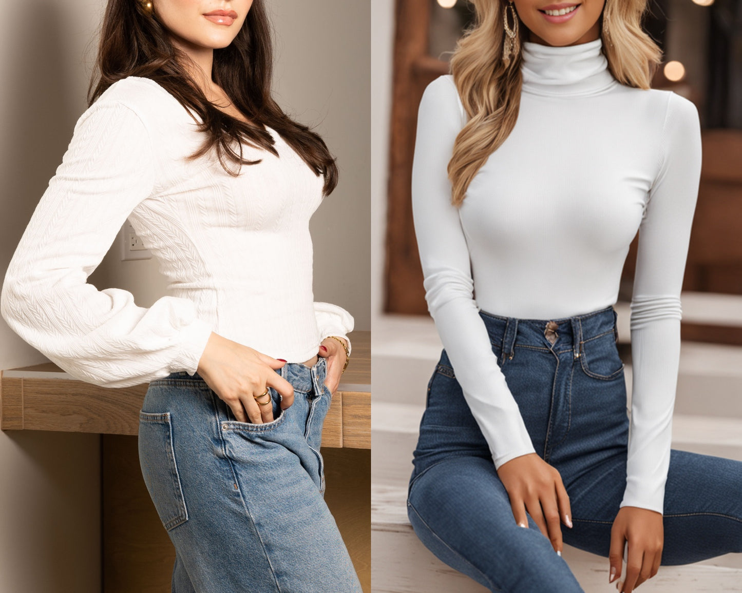 Front view of Bishop Sleeve Top and Turtleneck Long Sleeve Top.