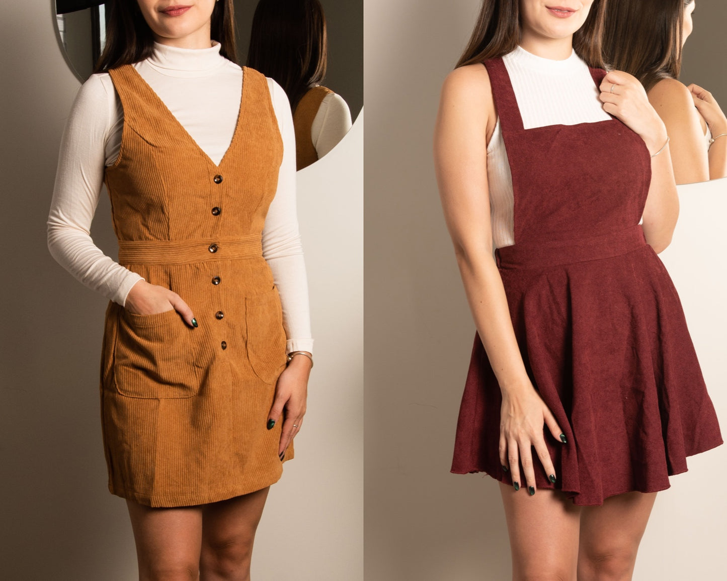 Front view of Button Down Overall and Overall Mini Dress.