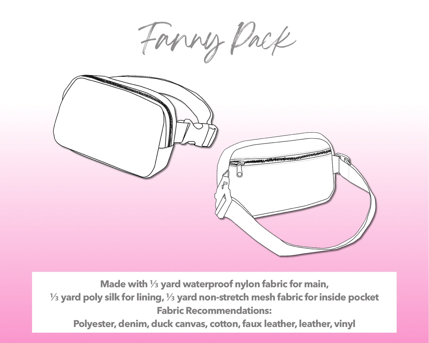 Illustration and detailed description for Fanny Pack sewing pattern.
