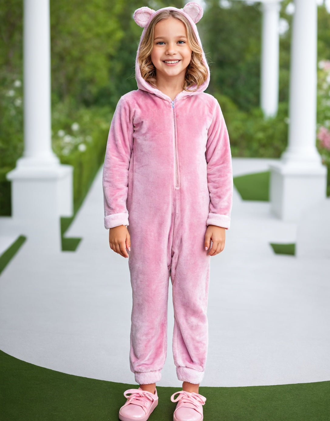 Front view of Girls 3D Ear Hooded Sleep Jumpsuit.