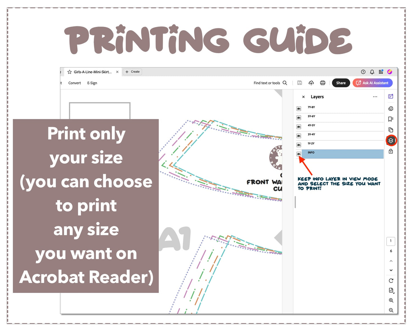 Girls A-Line Mini Skirt sewing pattern printing guide.