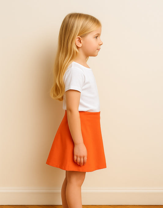 Side view of young girl wearing a white t-shirt and orange A-Line Mini Skirt against a beige wall.