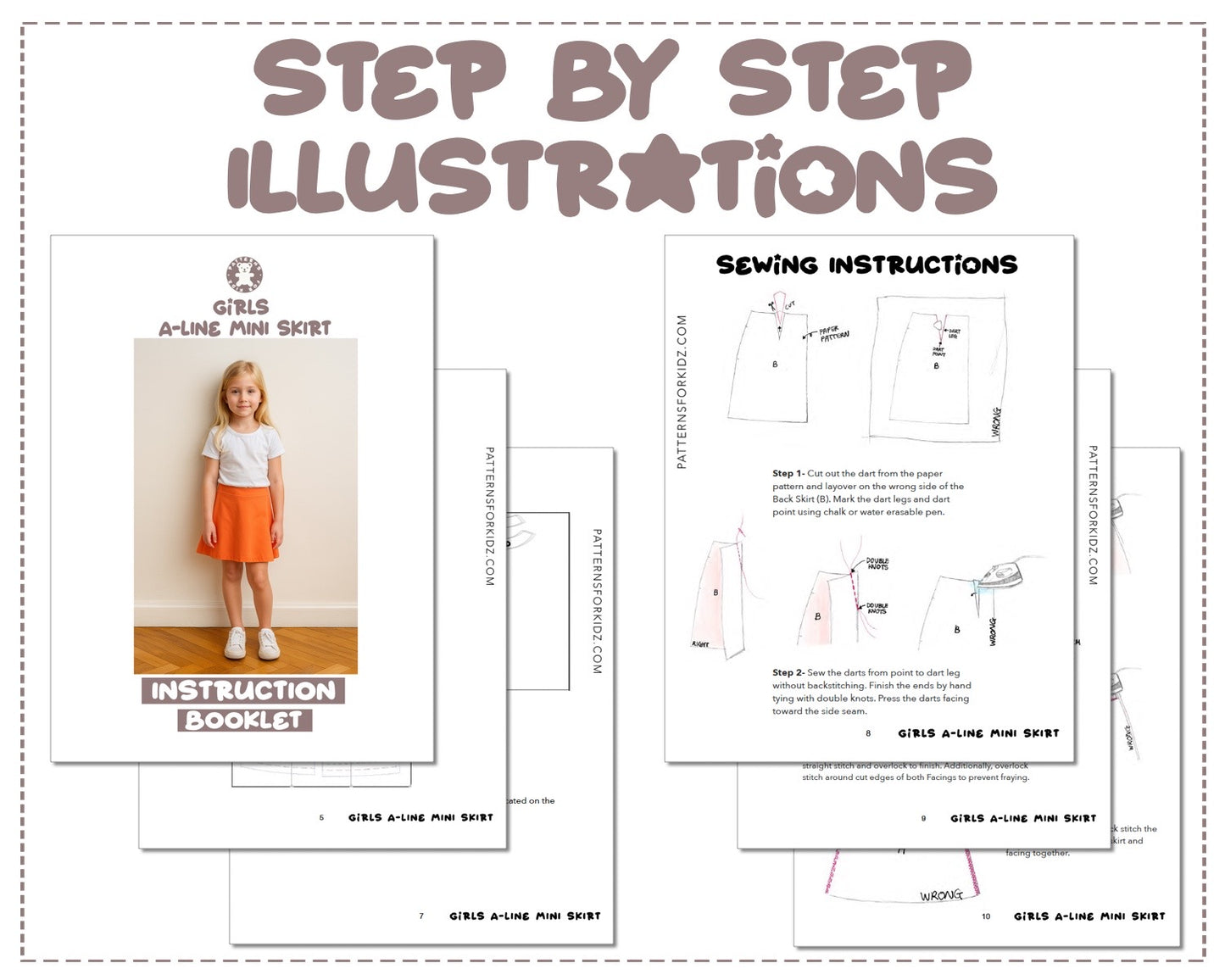 Girls A-Line Mini Skirt sewing pattern step by step illustrations.