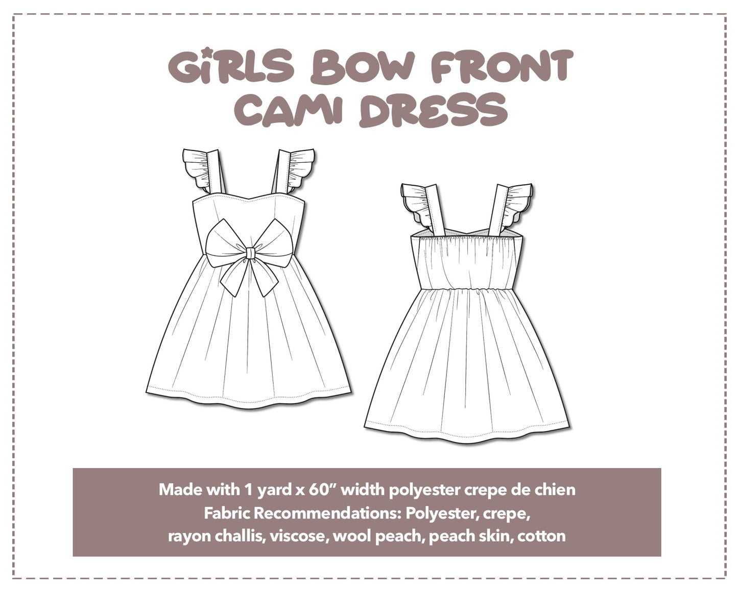 Illustration and detailed description for Girls Bow Front Cami Dress sewing pattern.