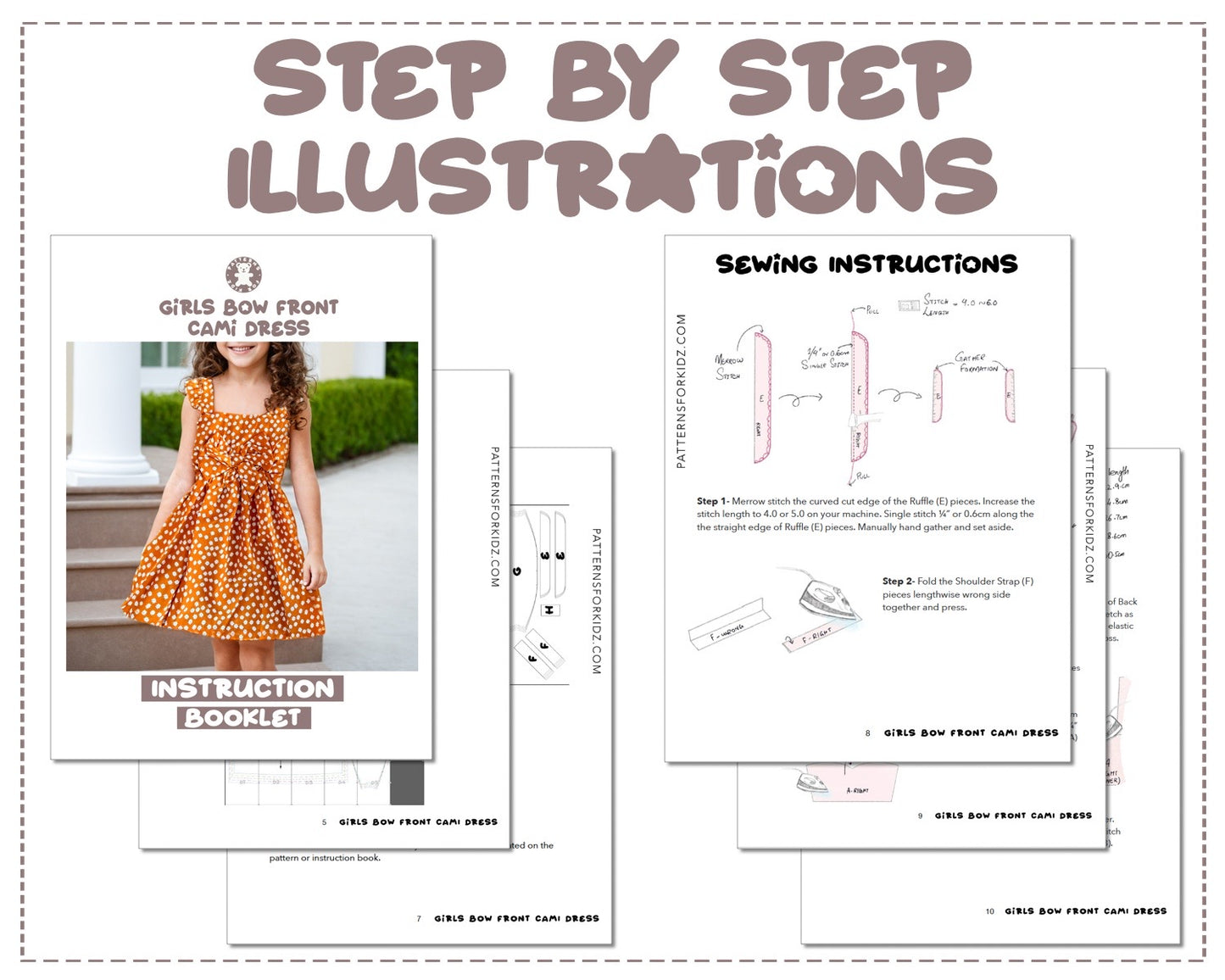 Girls Bow Front Cami Dress sewing pattern step by step illustrations.