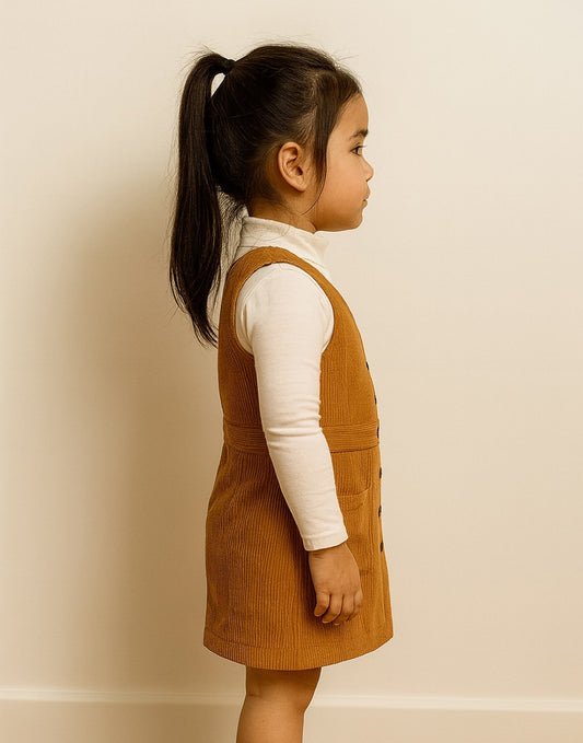 Side view of young girl wearing a brown corduroy Button Down Overall Dress over a white shirt against a plain background.