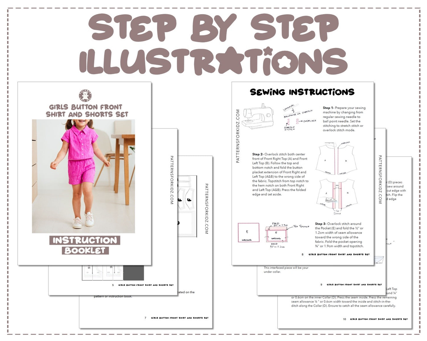 Girls Button Front Shirt and Shorts Set sewing pattern step by step illustrations.