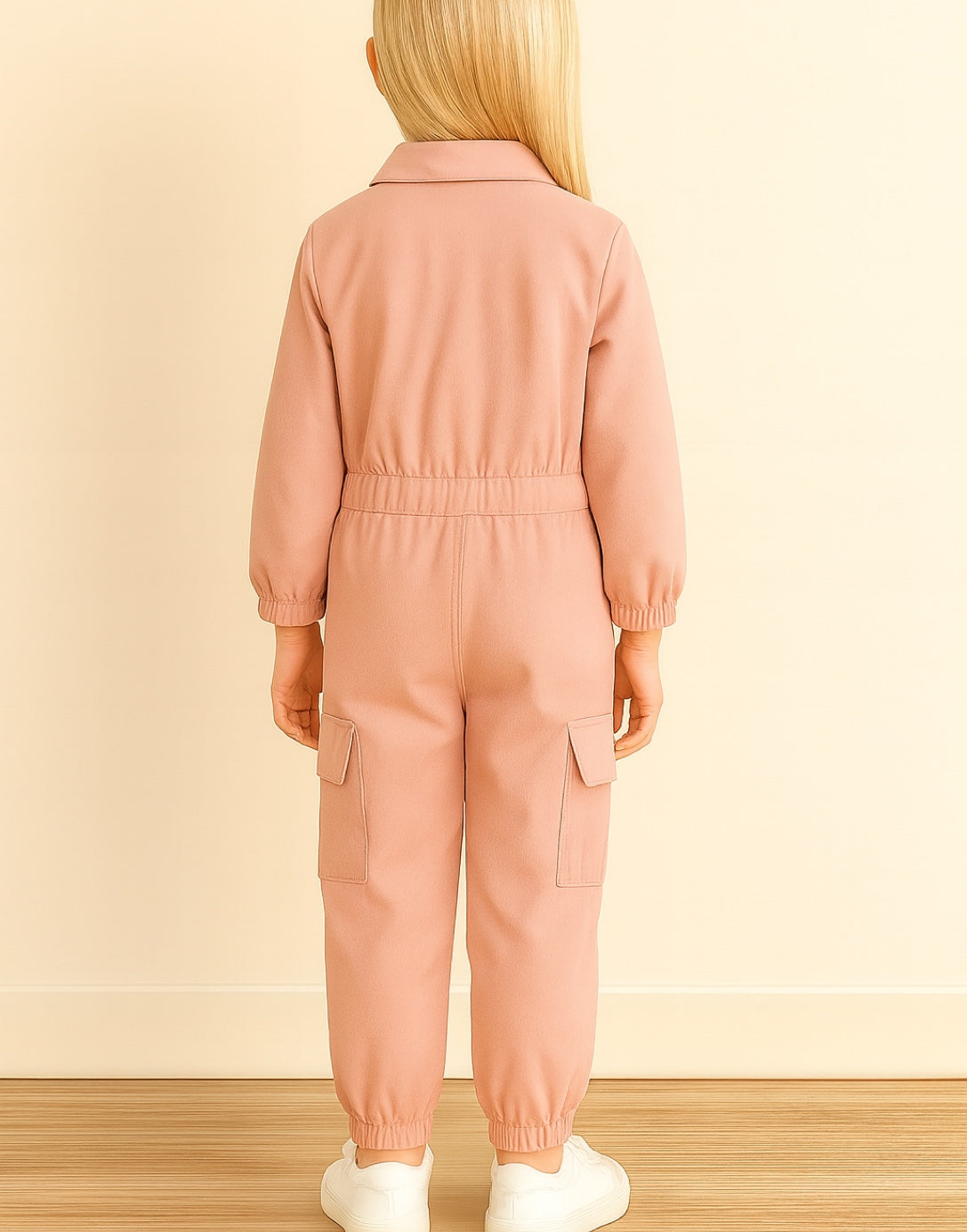 Back view of Girls Cargo Utility Flightsuit Jumpsuit.