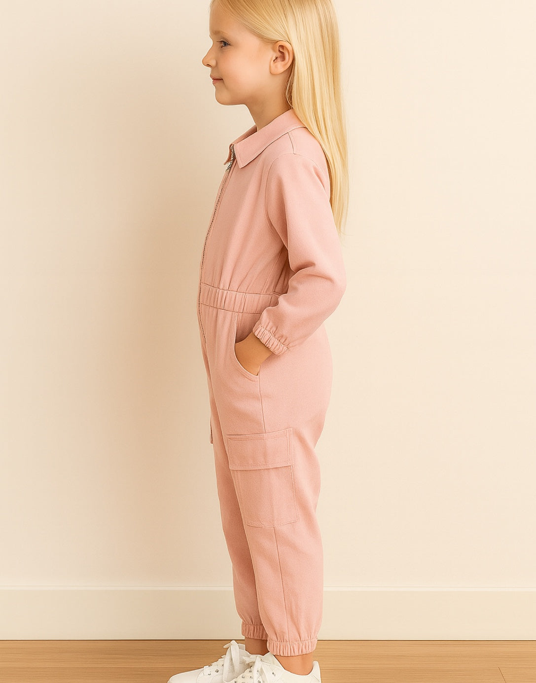 Side view of Girls Cargo Utility Flightsuit Jumpsuit.