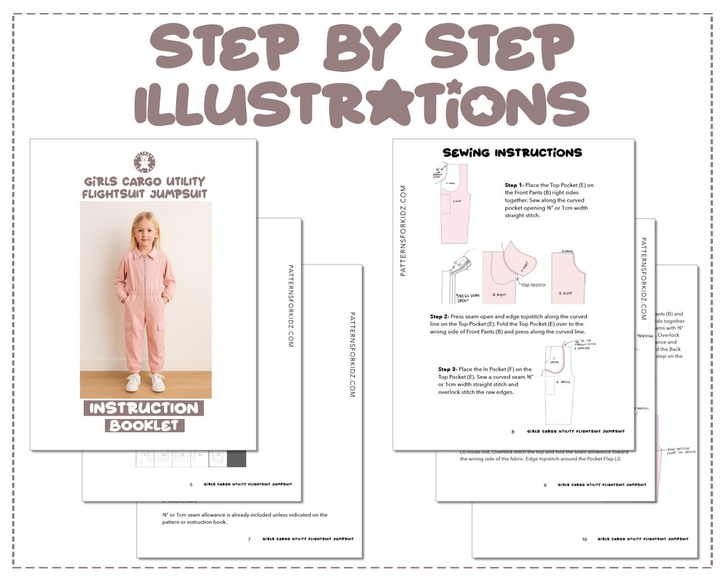 Girls Cargo Utility Flightsuit Jumpsuit sewing pattern step by step illustrations.