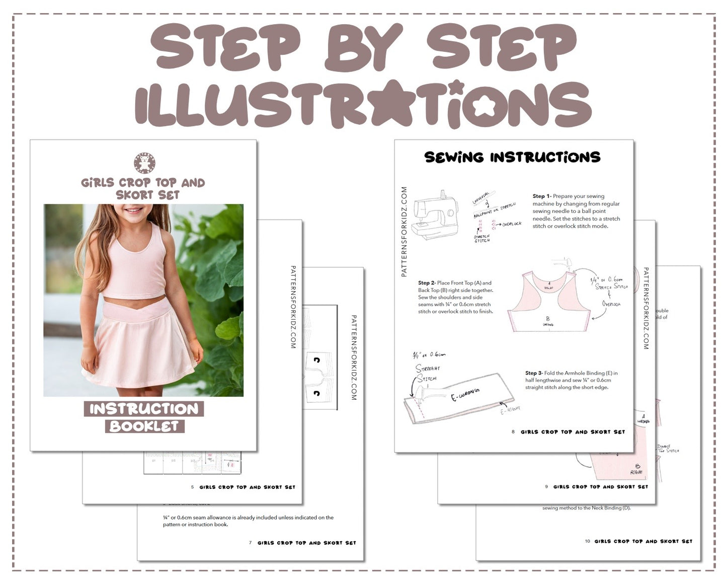 Girls Crop Top And Skort Set sewing pattern step by step illustrations.