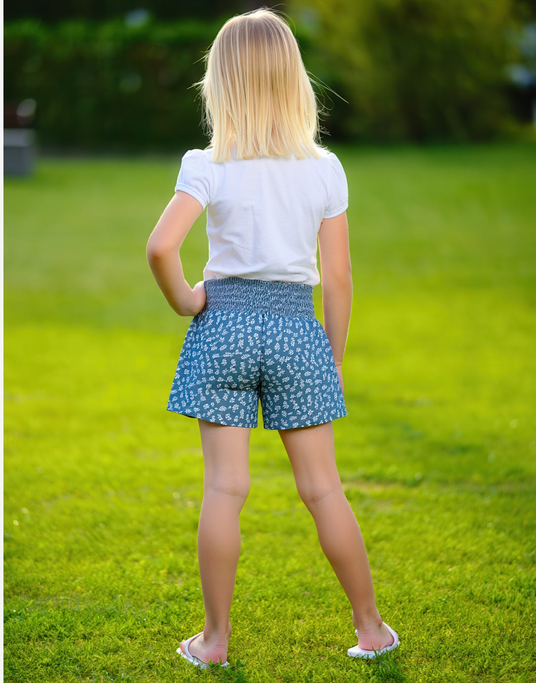 Back view of Girls Elastic Shirred Waist Shorts.