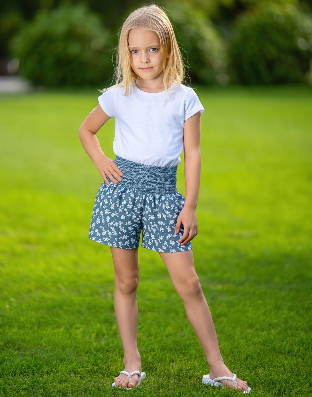 Front view of Girls Elastic Shirred Waist Shorts.