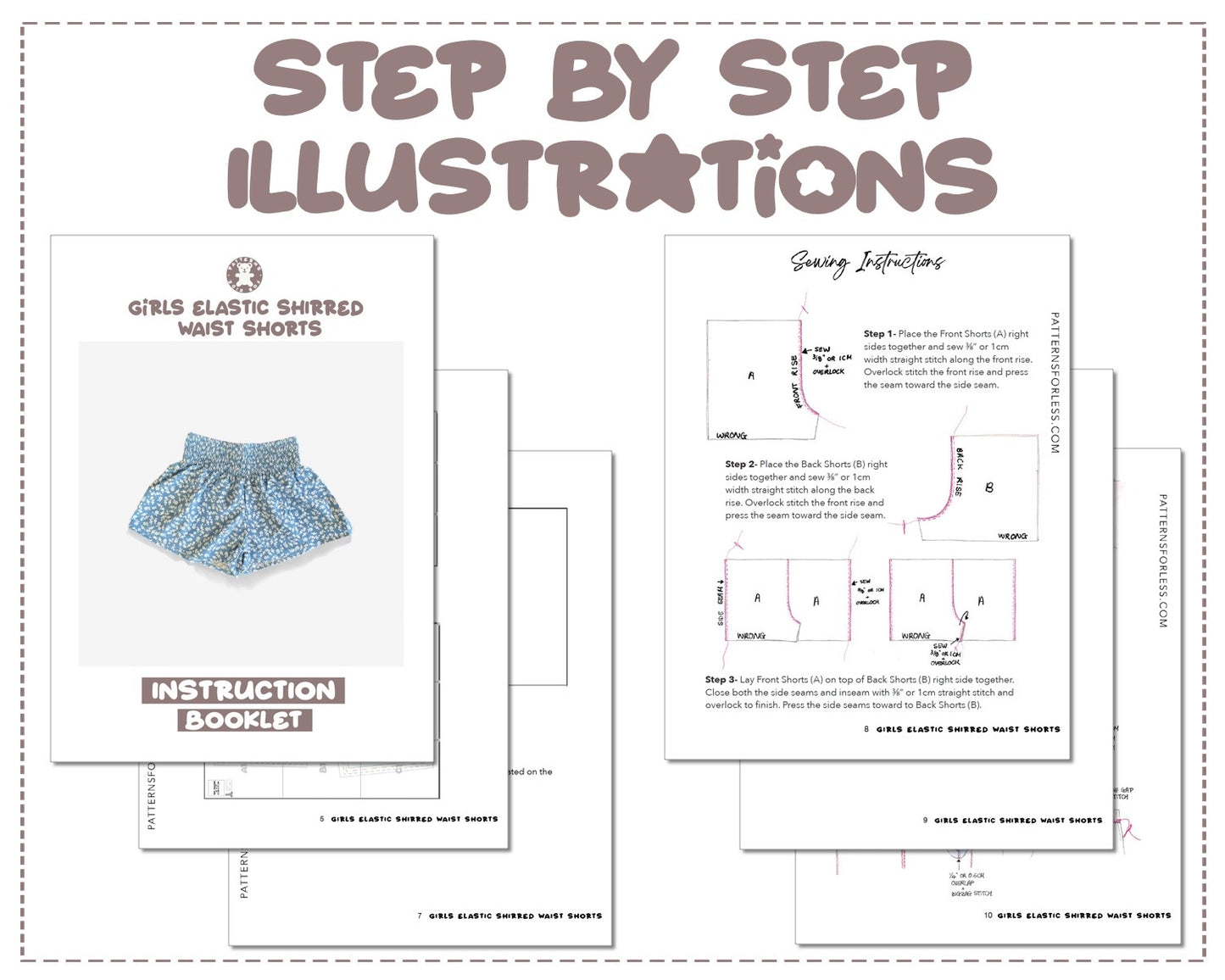 Girls Elastic Shirred Waist Shorts sewing pattern step by step illustrations.