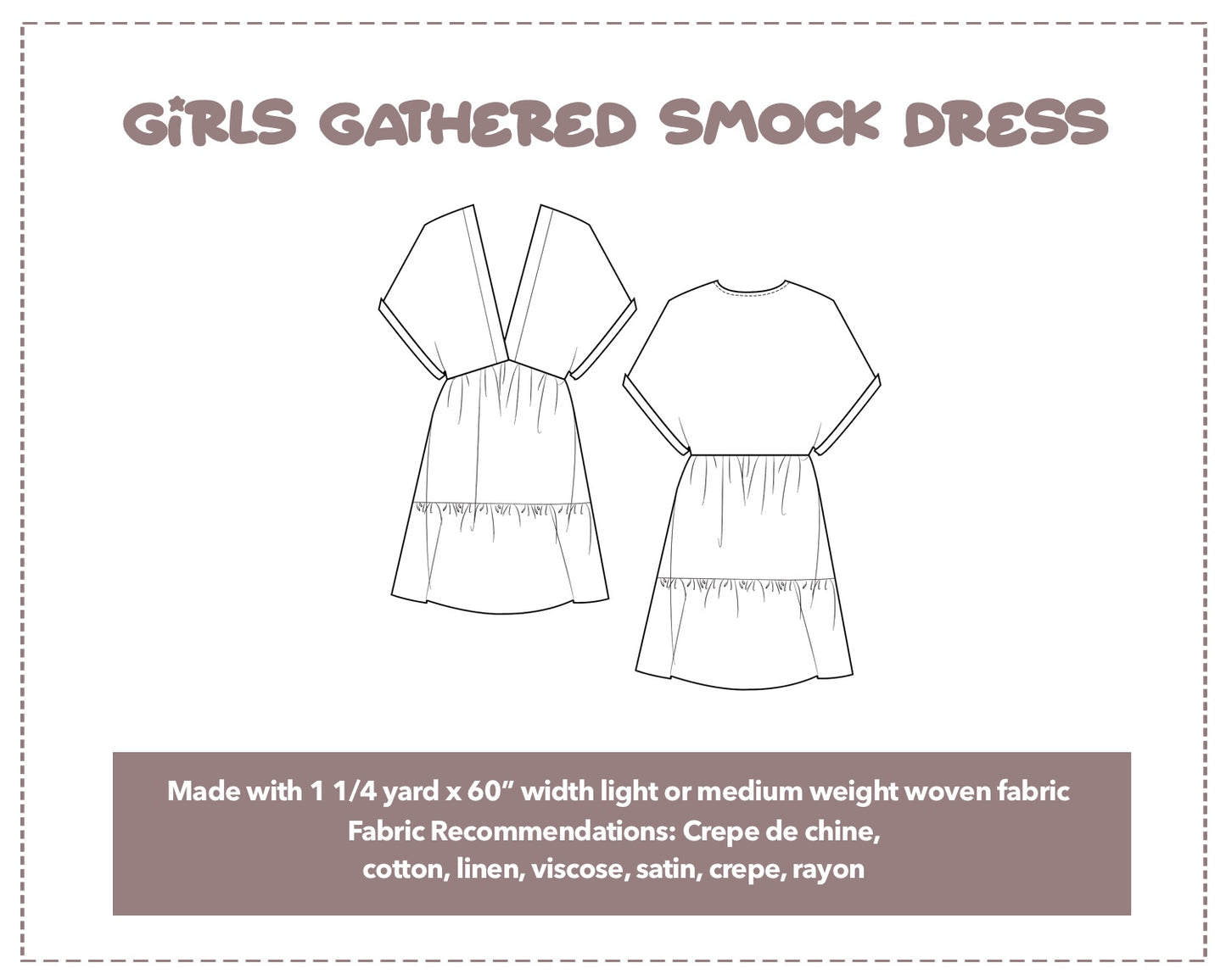 Illustration and detailed description for Girls Gathered Smock Dress sewing pattern.