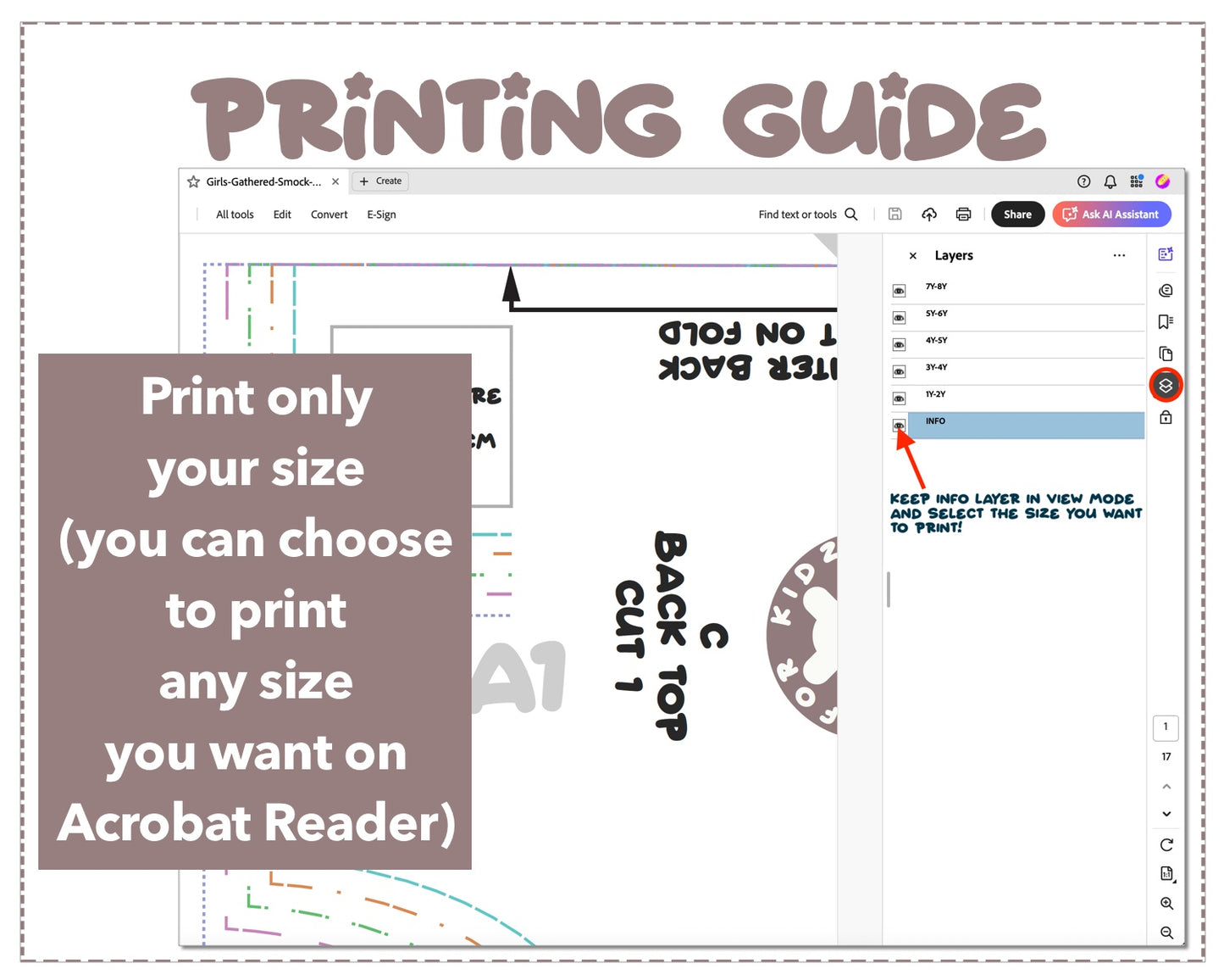 Girls Gathered Smock Dress sewing pattern printing guide.