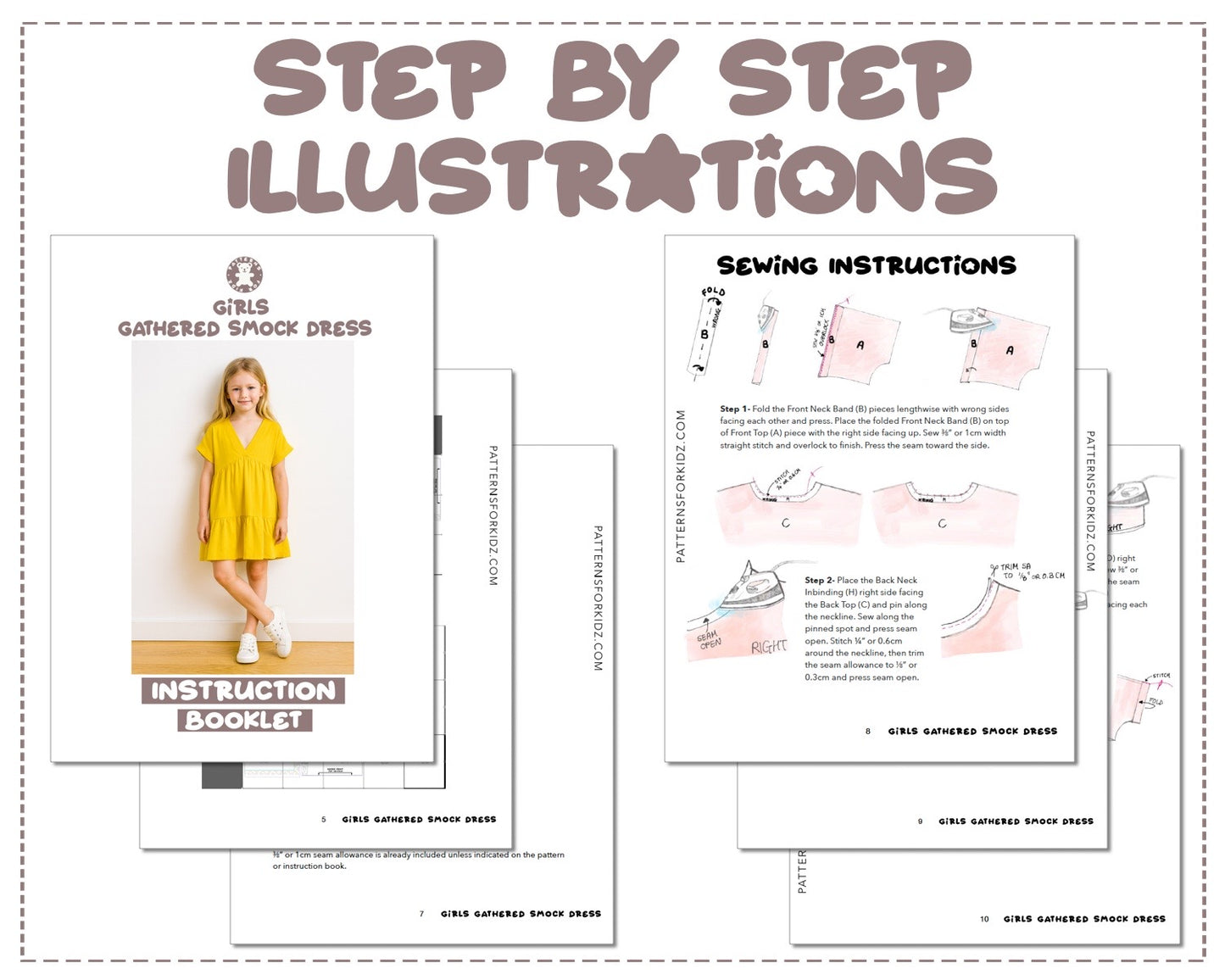 Girls Gathered Smock Dress sewing pattern step by step illustrations.