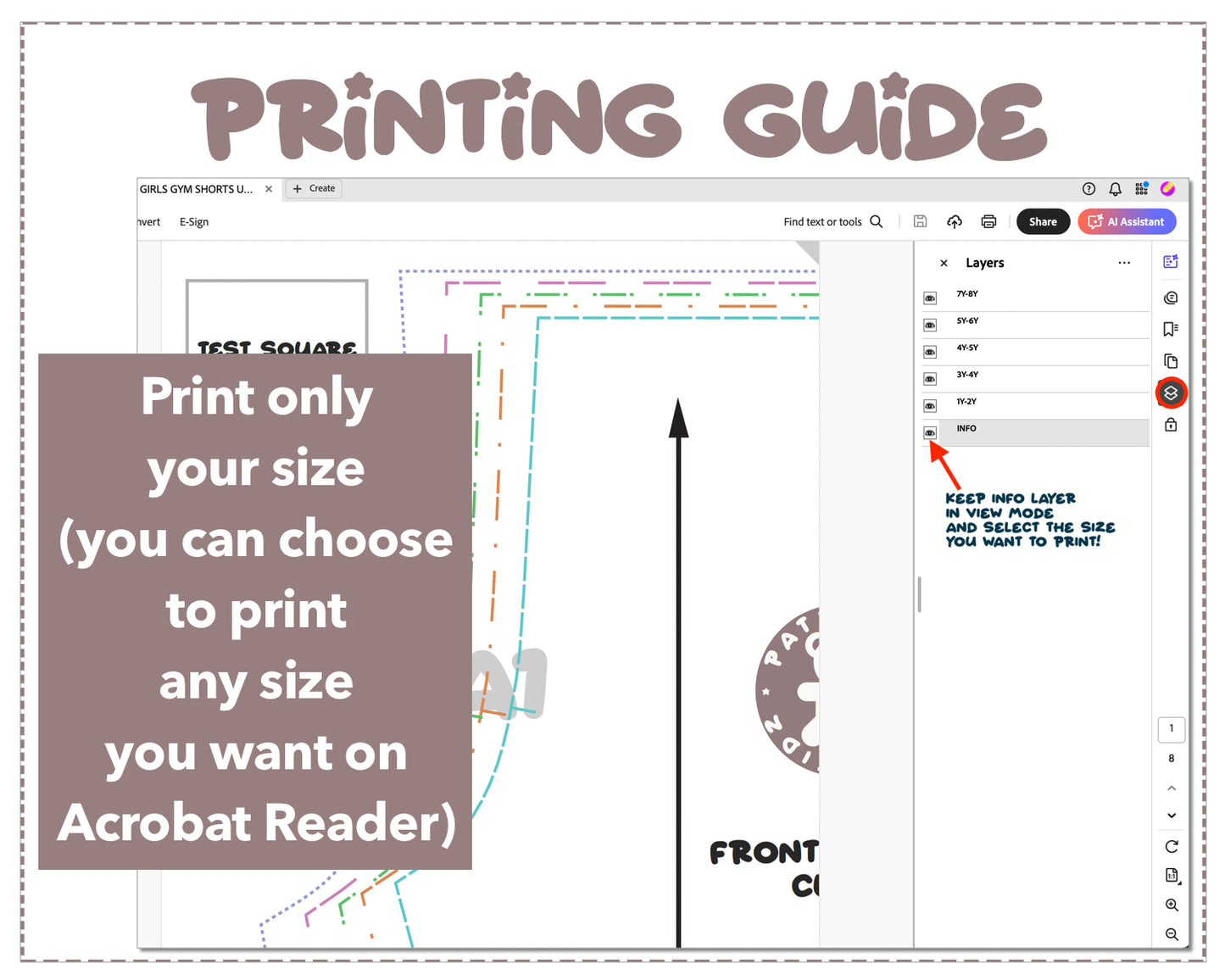 Girls Gym Shorts sewing pattern printing guide.