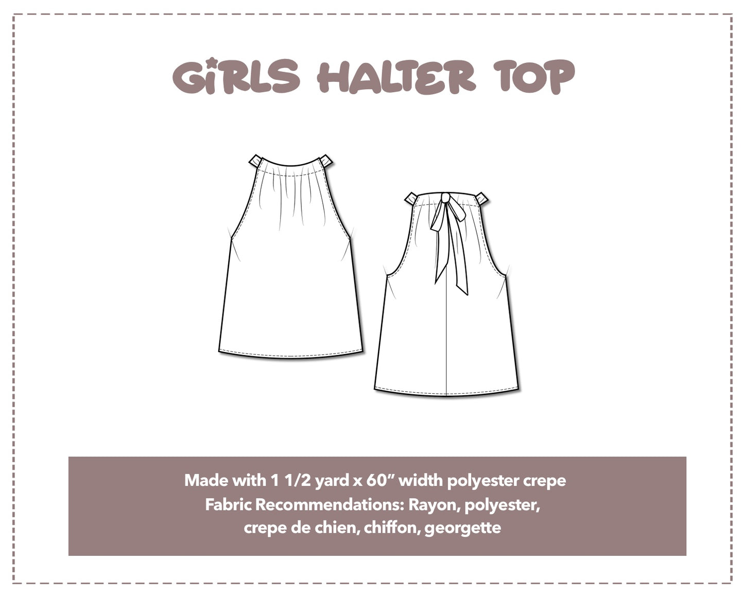 Illustration and detailed description for Girls Halter Top sewing pattern.