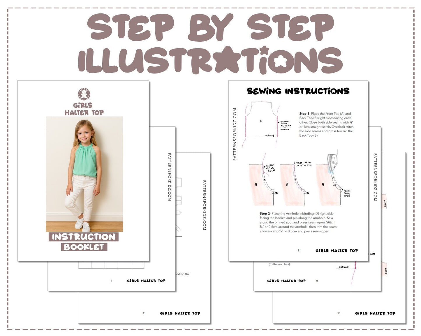 Girls Halter Top sewing pattern step by step illustrations.