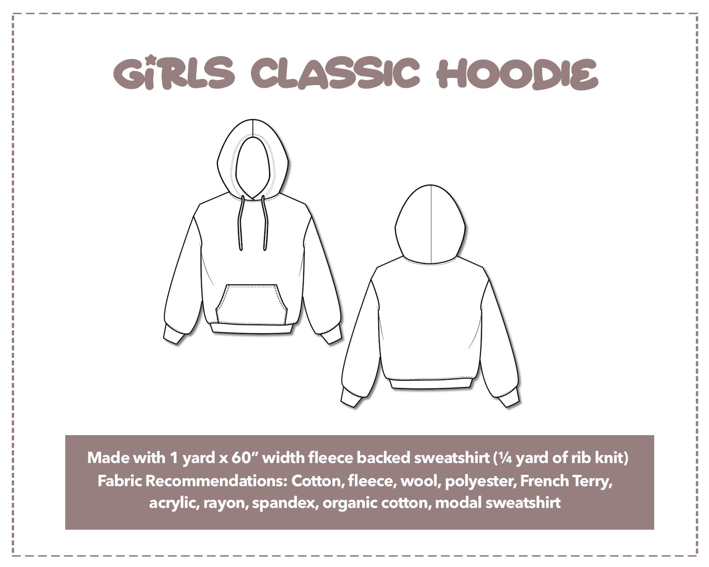 Illustration and detailed description for Girls Hoodie sewing pattern.