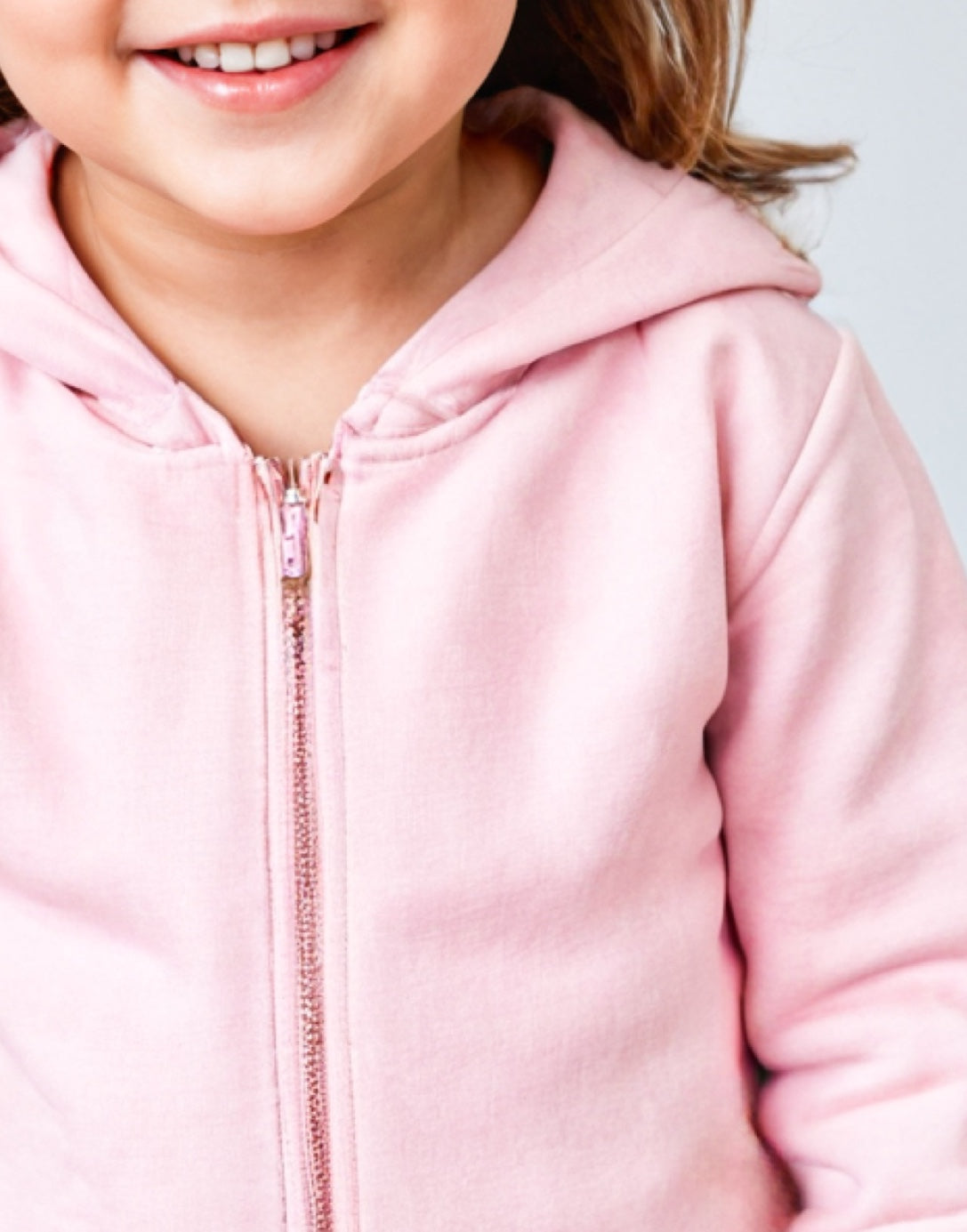 Neckline closeup of Girls Zip Up Hoodie Jacket.