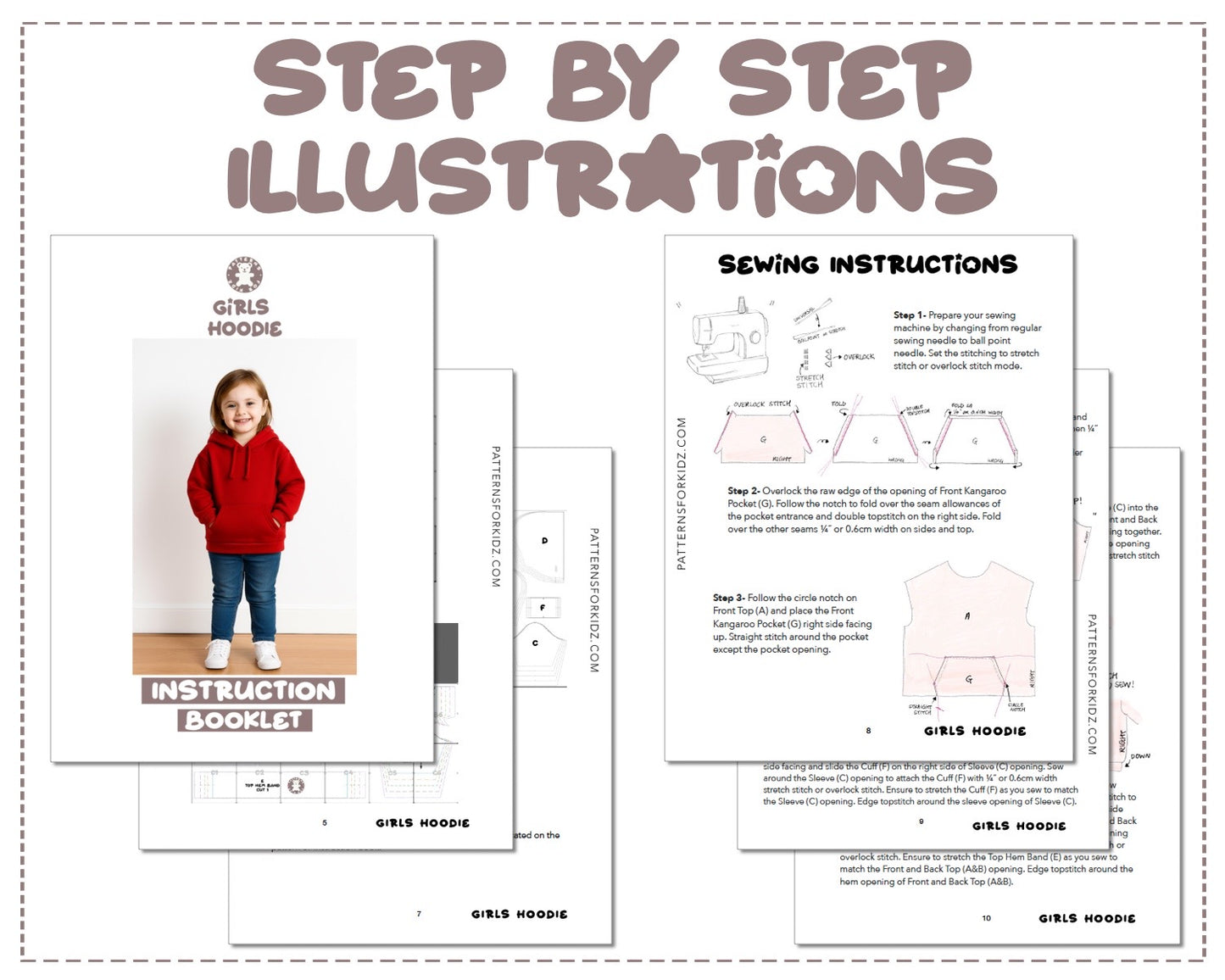 Girls Hoodie sewing pattern step by step illustrations.