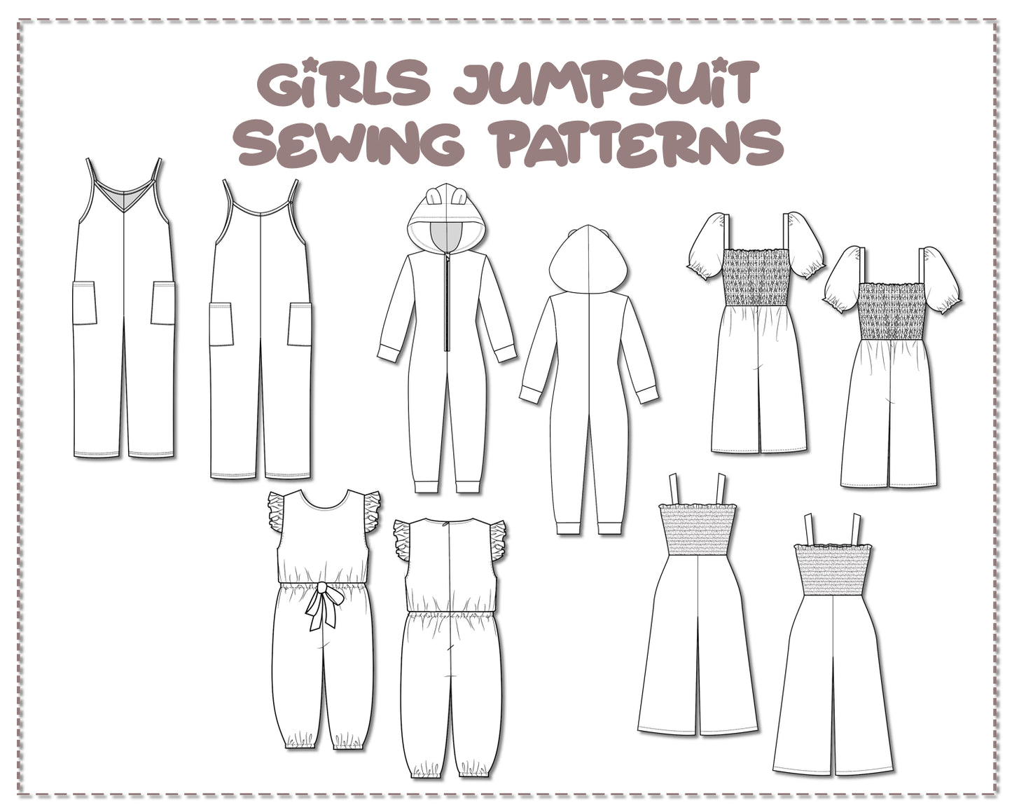 Illustration and detailed description for Girls Jumpsuit sewing pattern.