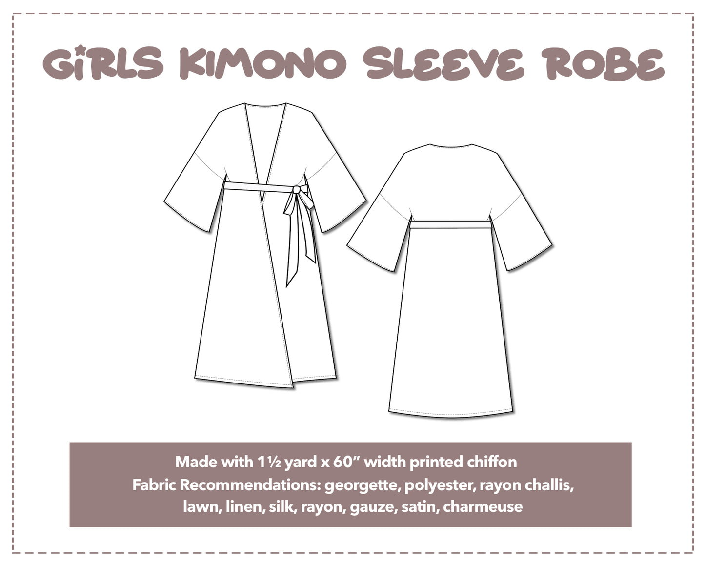Illustration and detailed description for Girls Kimono Sleeve Robe sewing pattern.