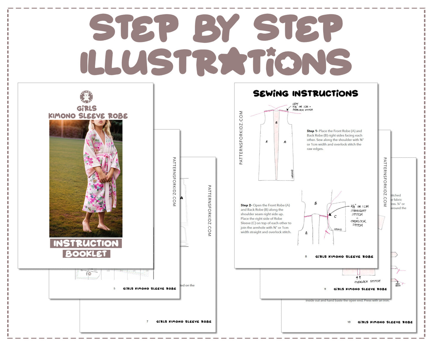 Girls Kimono Sleeve Robe sewing pattern step by step illustrations.