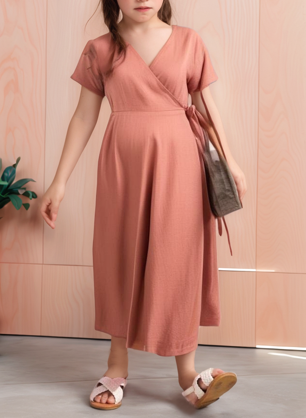 Front view of Girls Kimono Sleeve Wrap Maxi Dress.