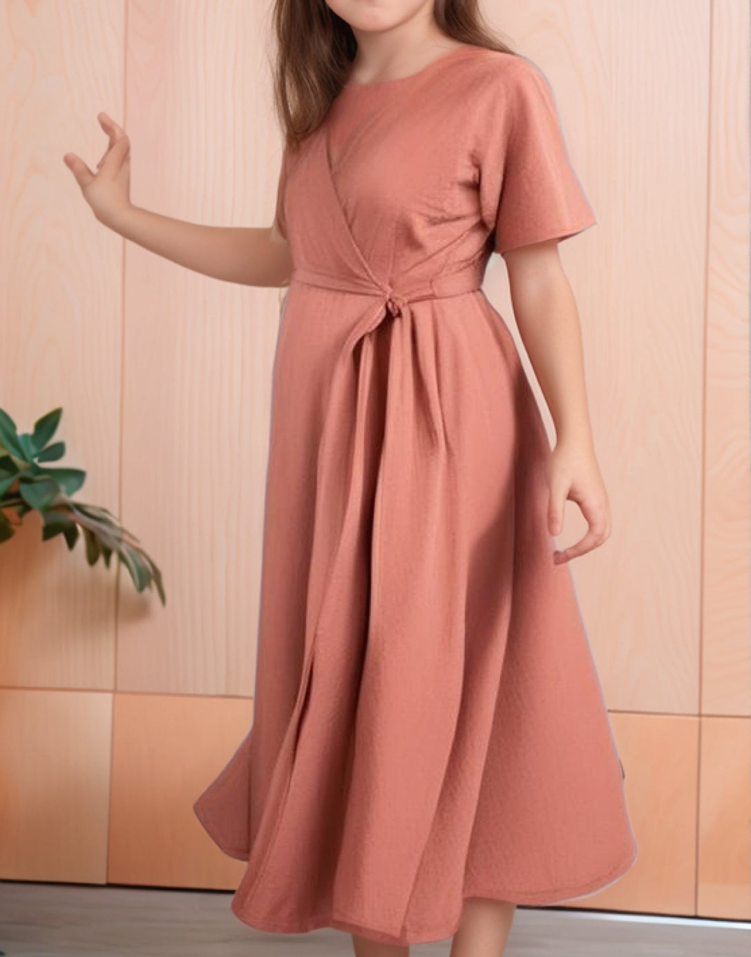 Side view of Girls Kimono Sleeve Wrap Maxi Dress.
