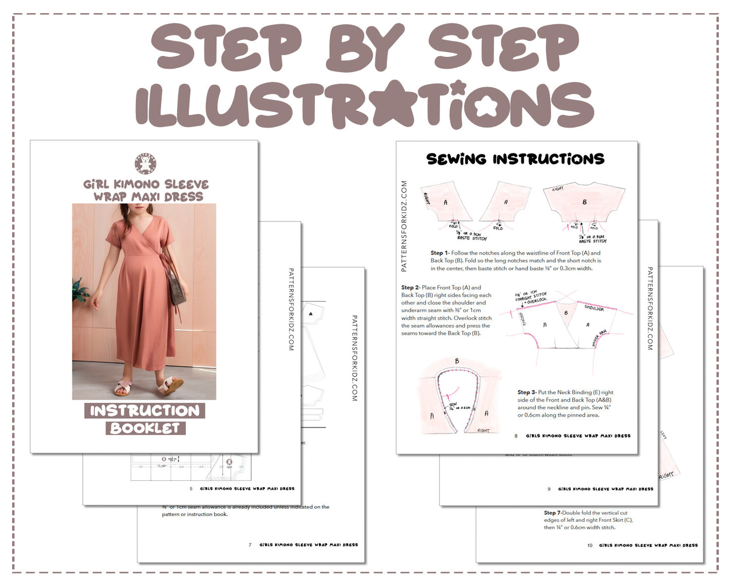 Girls Kimono Sleeve Wrap Maxi Dress sewing pattern step by step illustrations.
