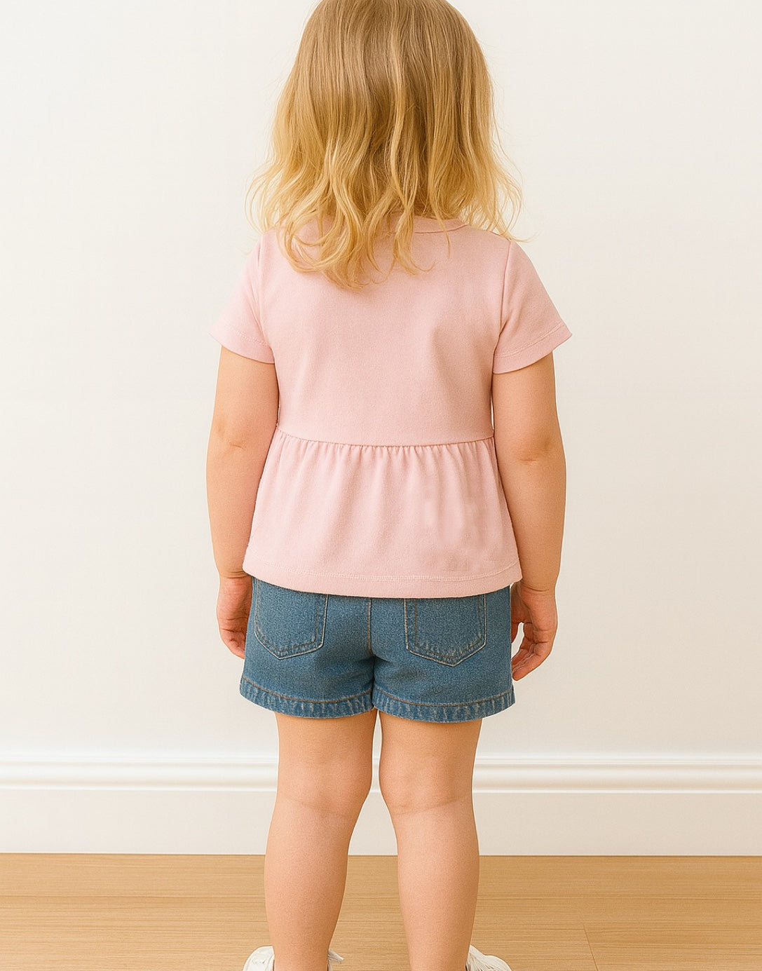 Back view of child wearing a pink knit peplum top and denim shorts on a plain background