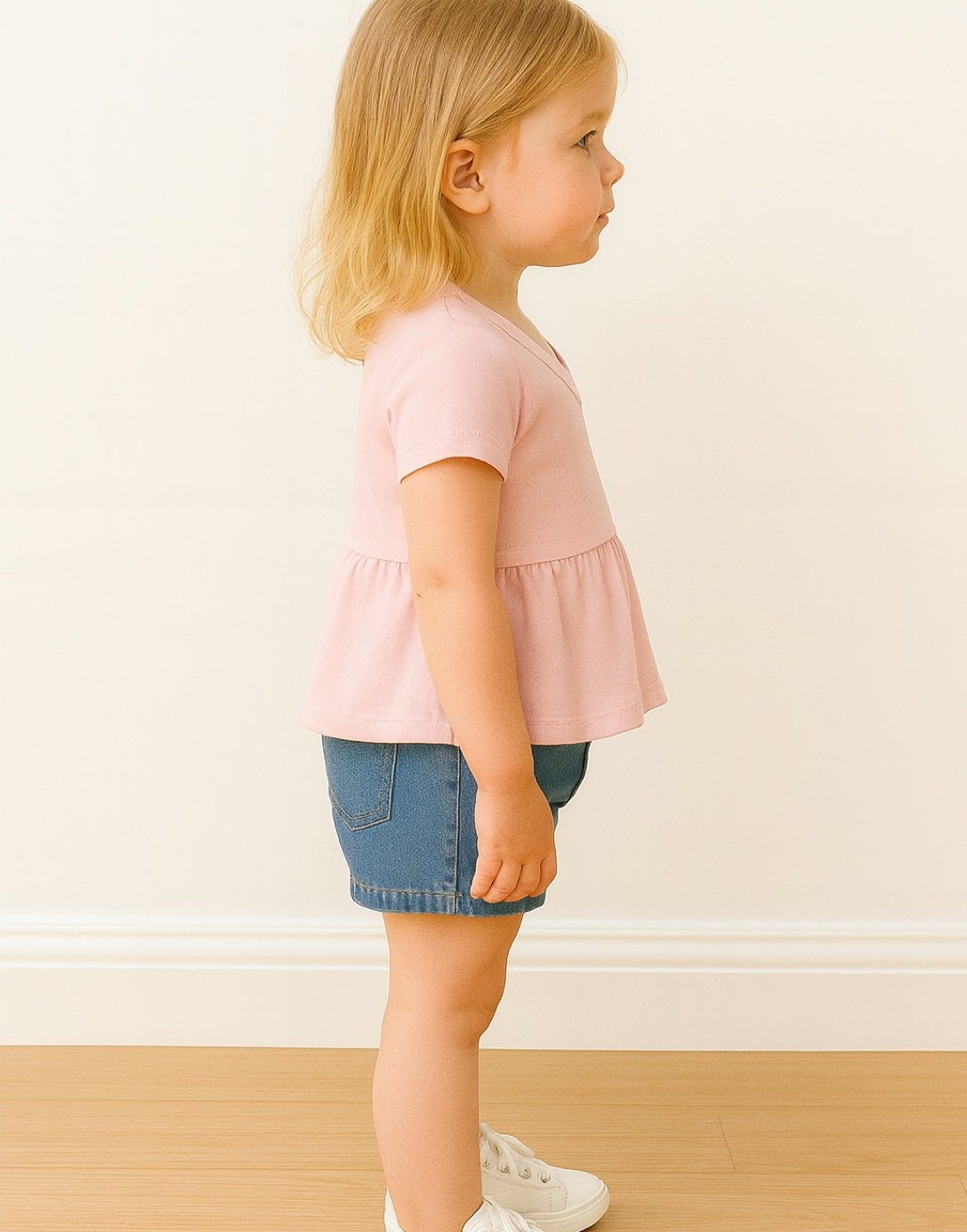 Side view of young girl wearing a pink knit peplum top and denim shorts standing against a plain background