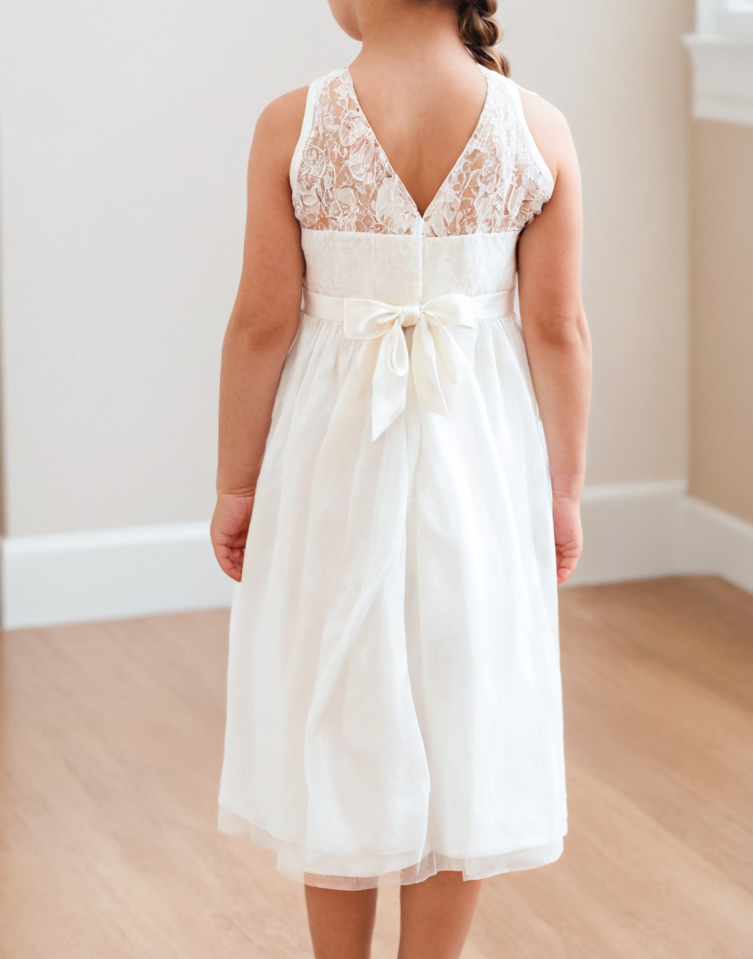 Back view of Girls Lace Inset Mesh Hem Party Dress.