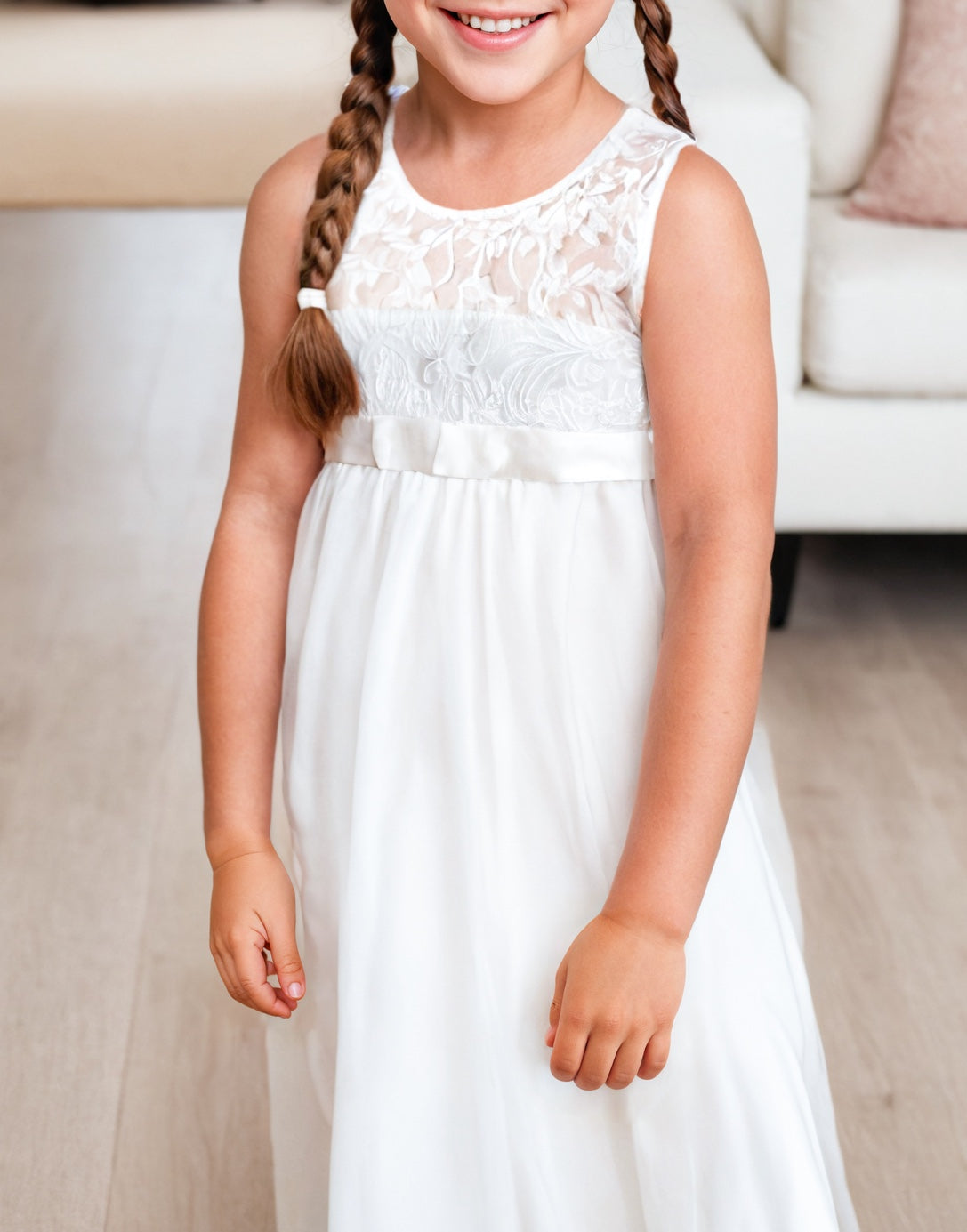Side view of Girls Lace Inset Mesh Hem Party Dress.