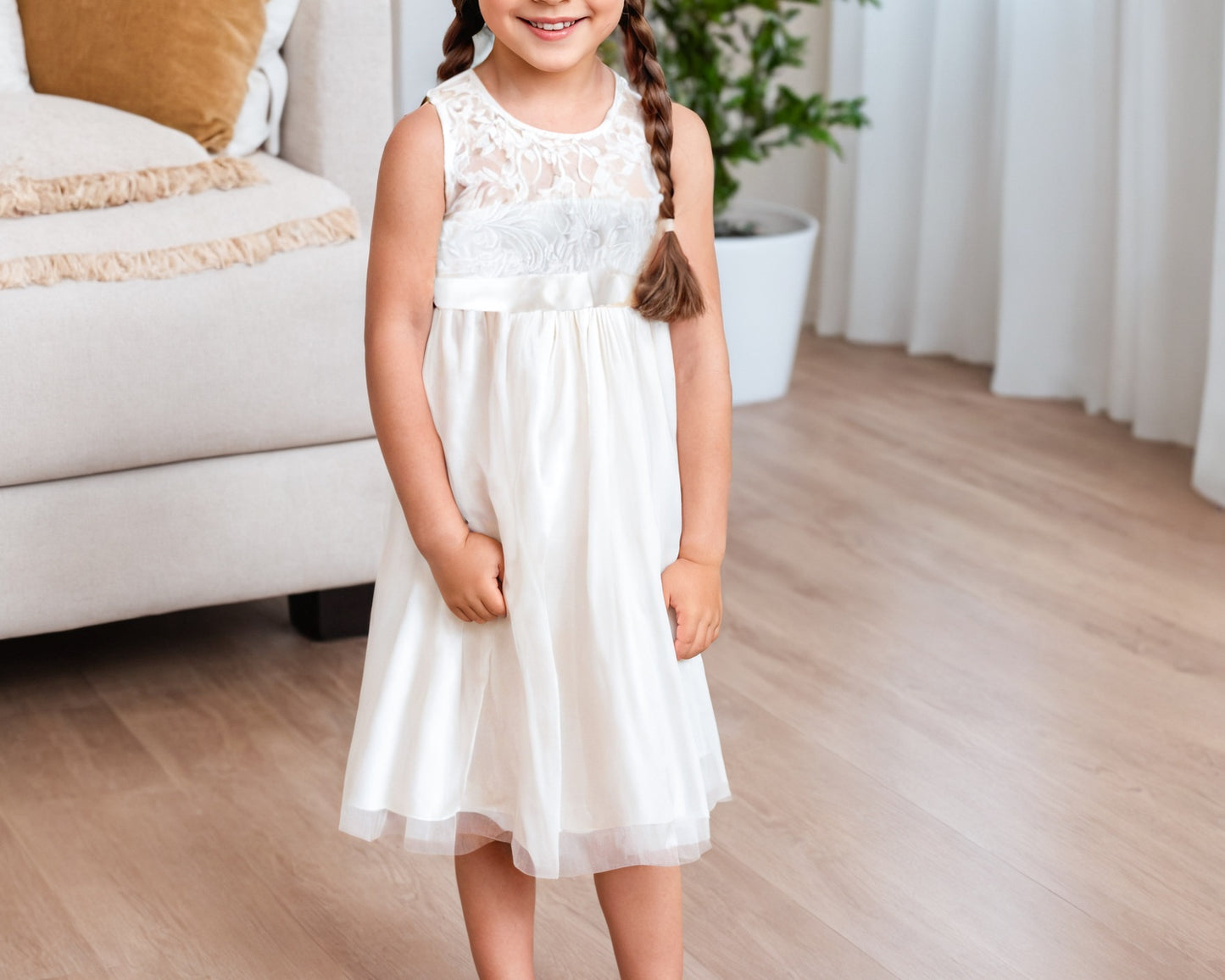 Front view of Girls Lace Inset Mesh Hem Party Dress.