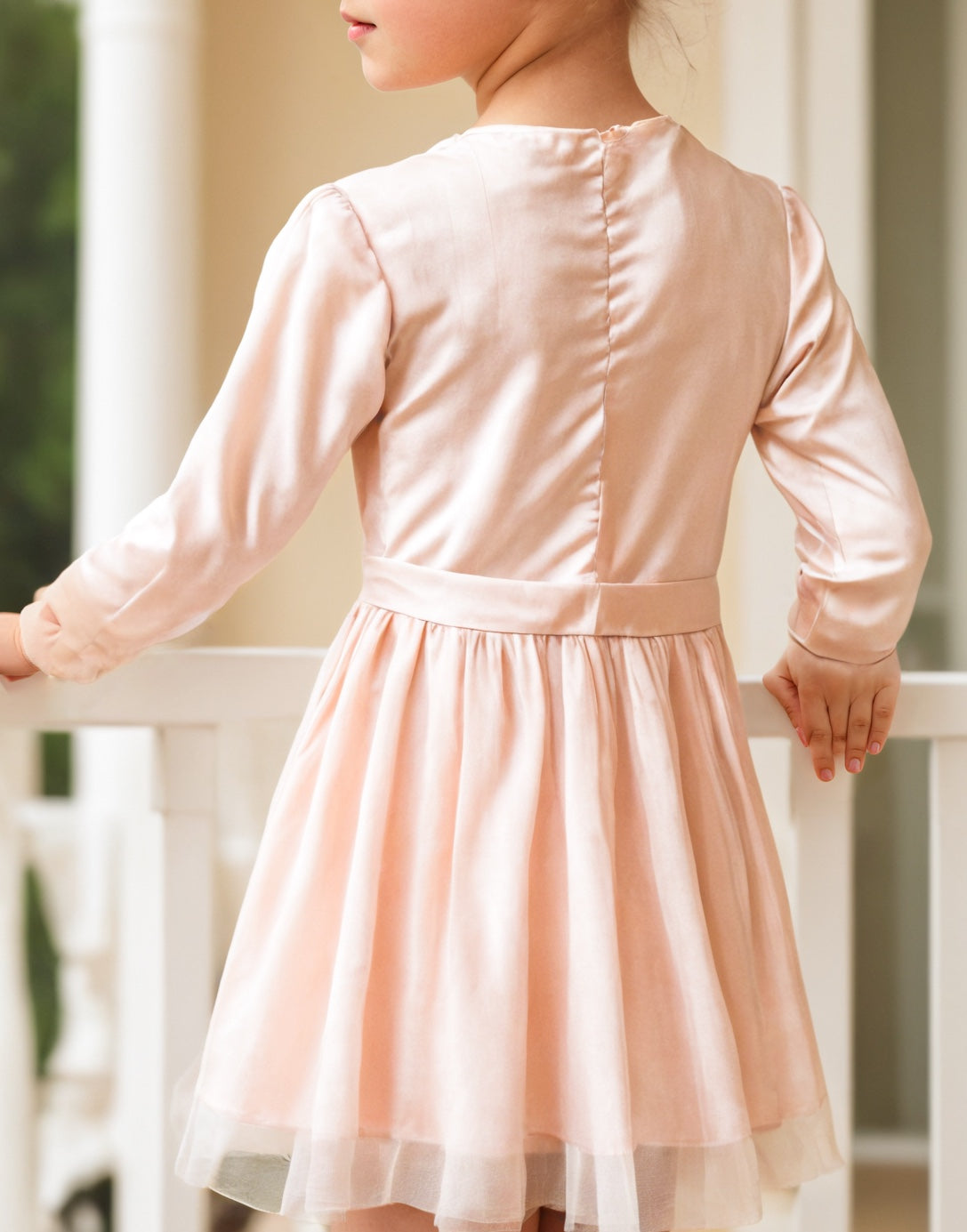 Back view of Girls Long Sleeve Princess Tulle Party Dress.
