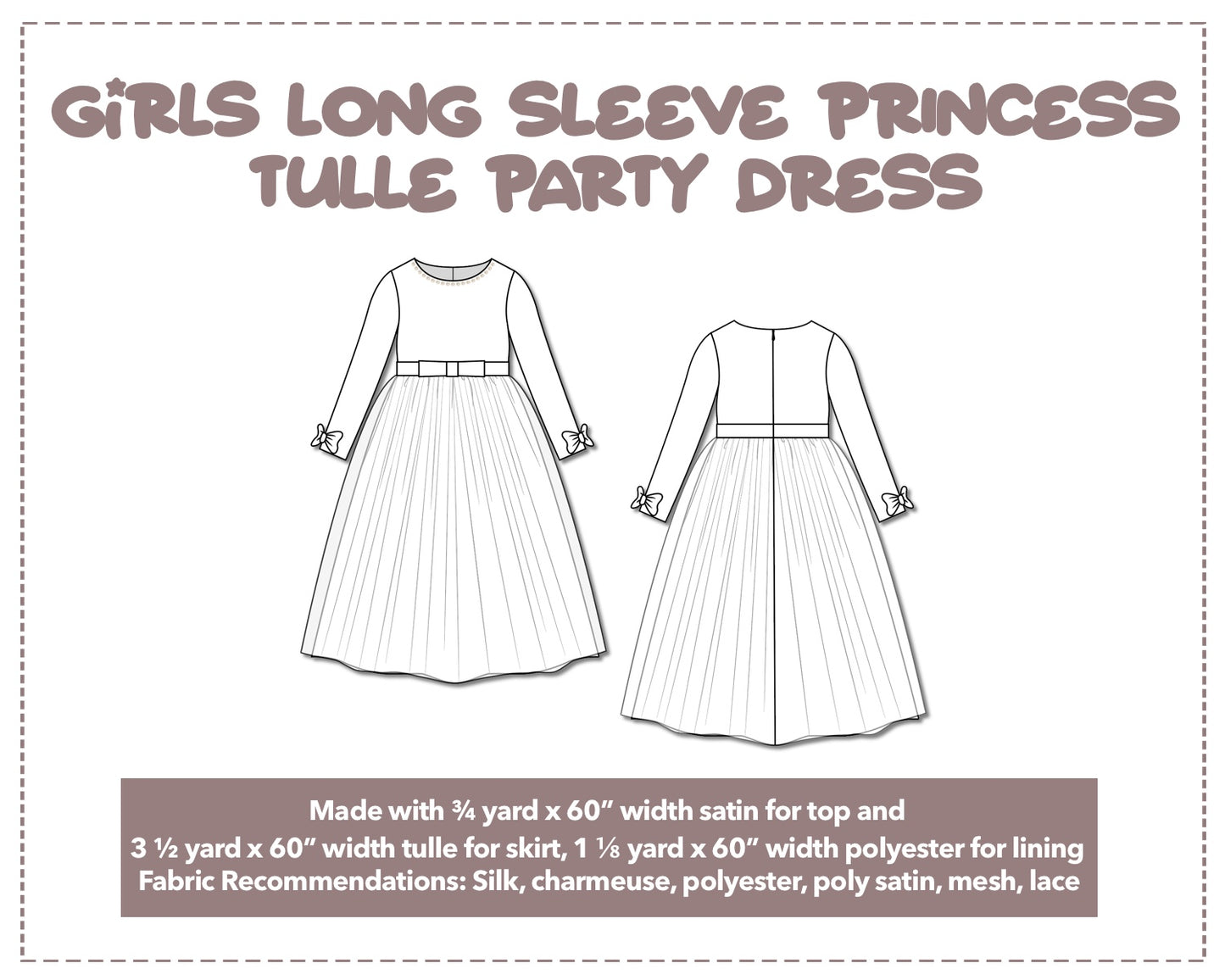 Illustration and detailed description for Girls Long Sleeve Princess Tulle Party Dress sewing pattern.
