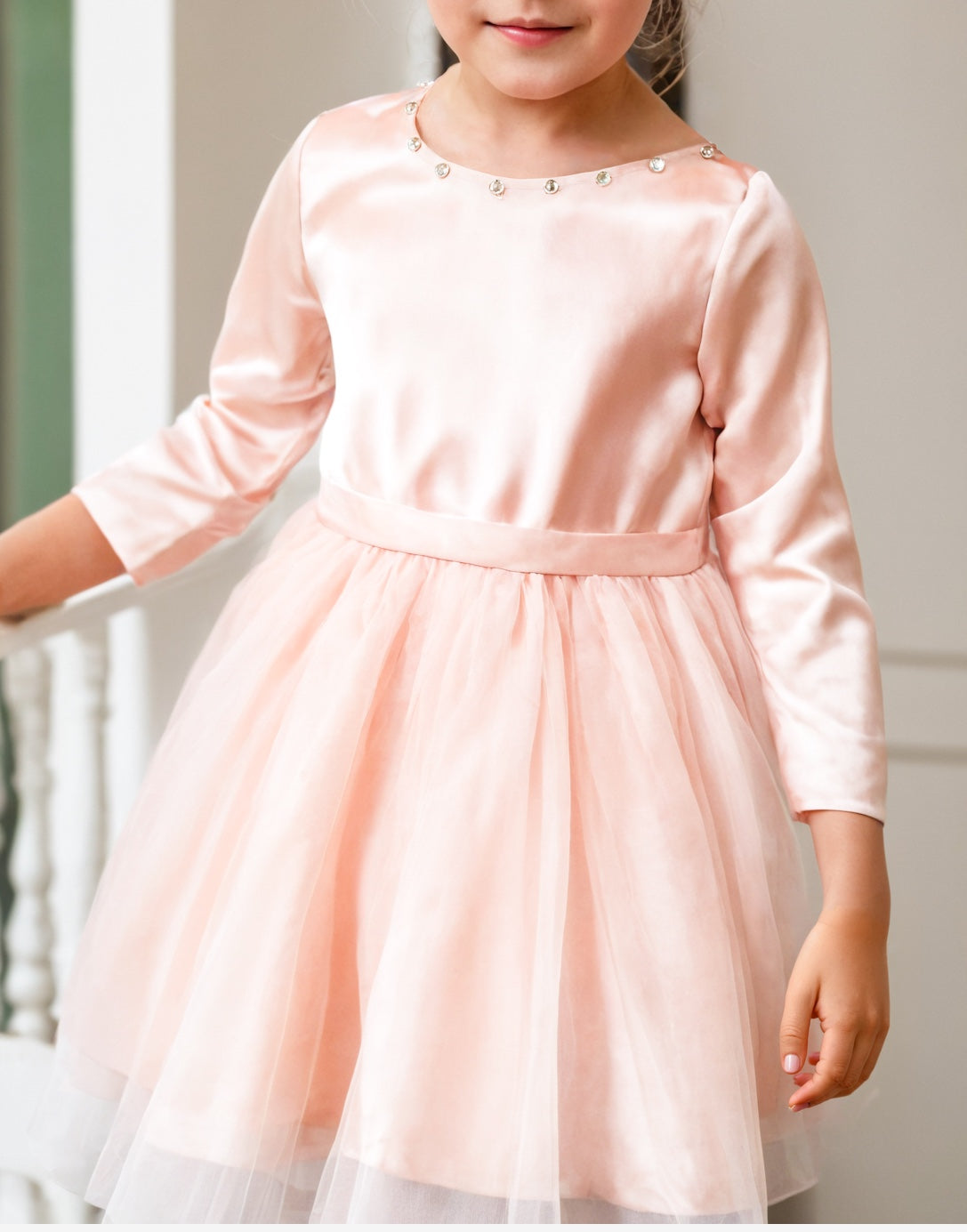 Closeup view of Girls Long Sleeve Princess Tulle Party Dress.